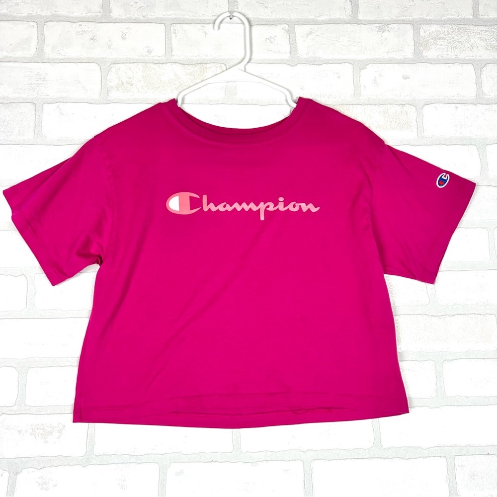 Champion Womens Magenta Pink Logo Graphic Boxy Cropped T-Shirt Small